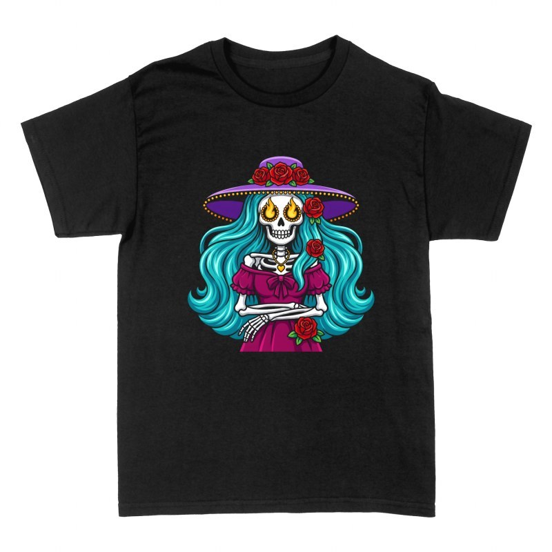 Camisetas: Catrina con ojos de fuego y rosas