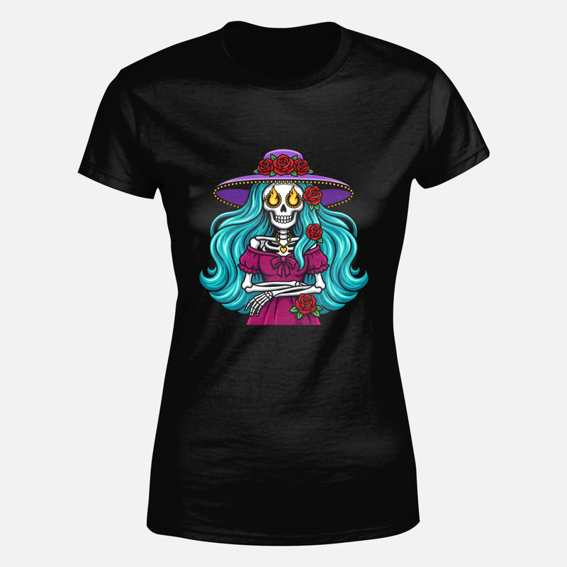 Camisetas: Catrina con ojos de fuego y rosas