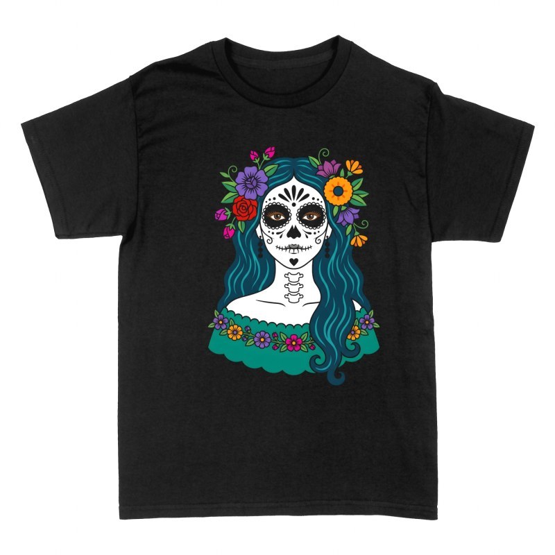 Camisetas: Catrina con cabello azul y vestido floral