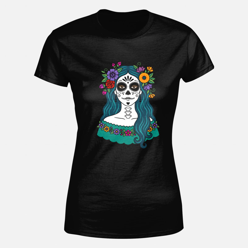 Camisetas: Catrina con cabello azul y vestido floral