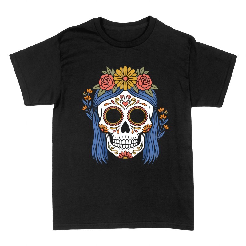 Camisetas: Catrina con pelo azul y flores