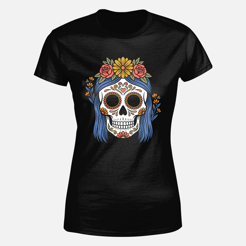 Camisetas: Catrina con pelo azul y flores