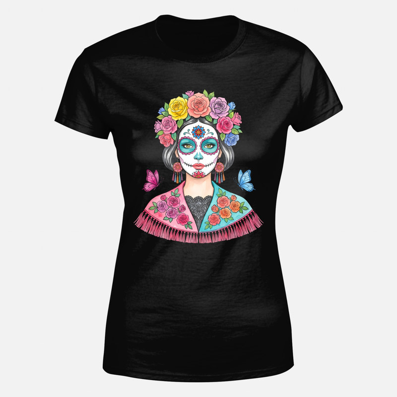 Camisetas: Catrina con corona de flores