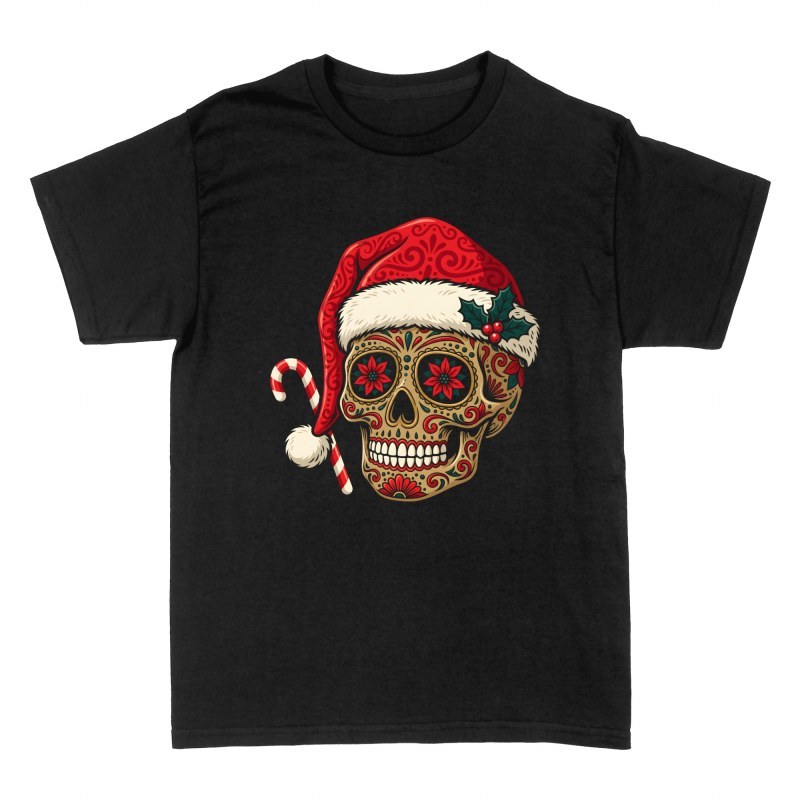 Camisetas: Calavera mexicana navide&ntilde;a con bast&oacute;n