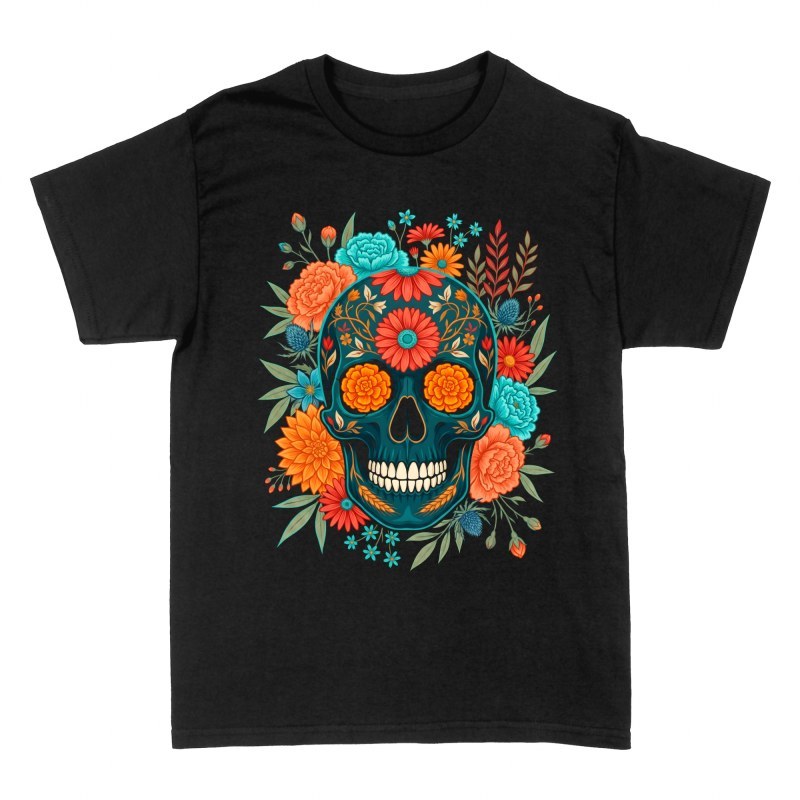 Camisetas: Calavera de az&uacute;car azul y flores