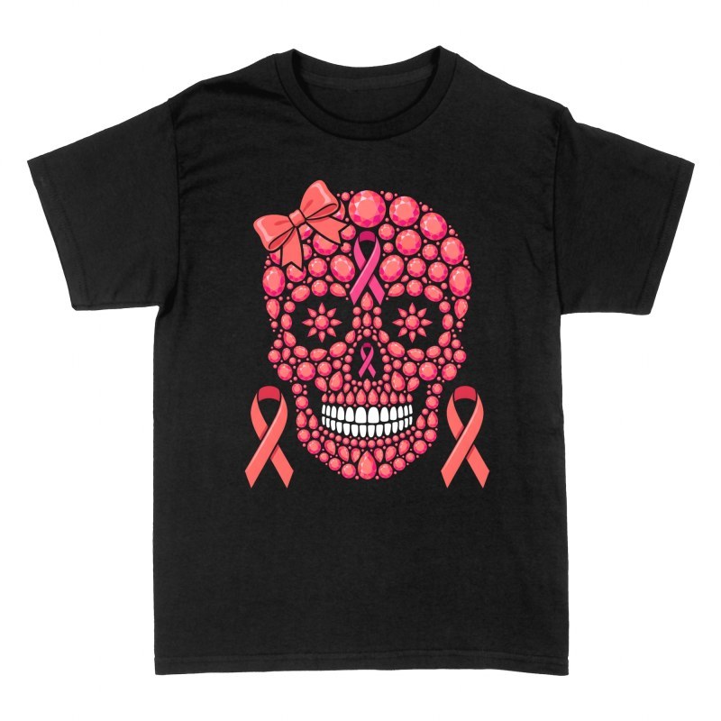 Camisetas: Calavera de gemas rosas con lazo contra c&aacute;ncer