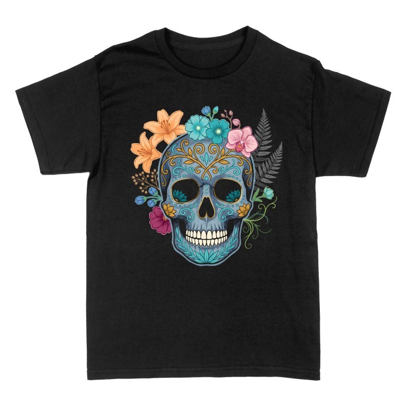 Camisetas: Calavera mexicana con corona floral