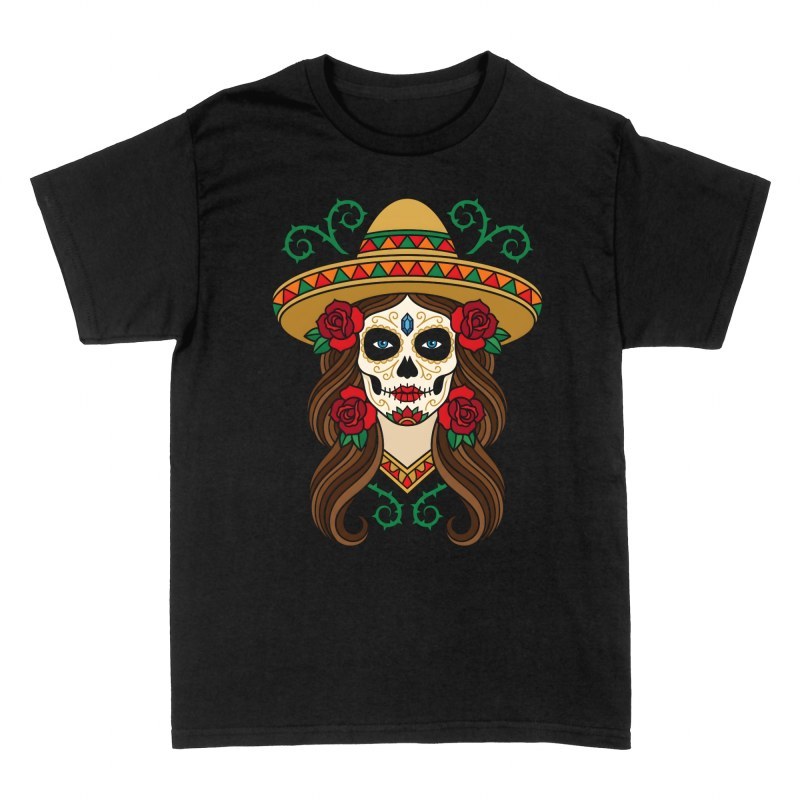 Camisetas: Catrina con sombrero de charro y rosas