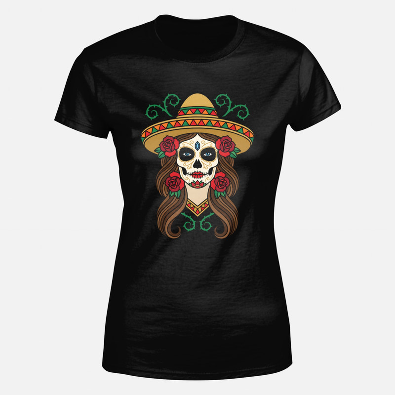 Camisetas: Catrina con sombrero de charro y rosas