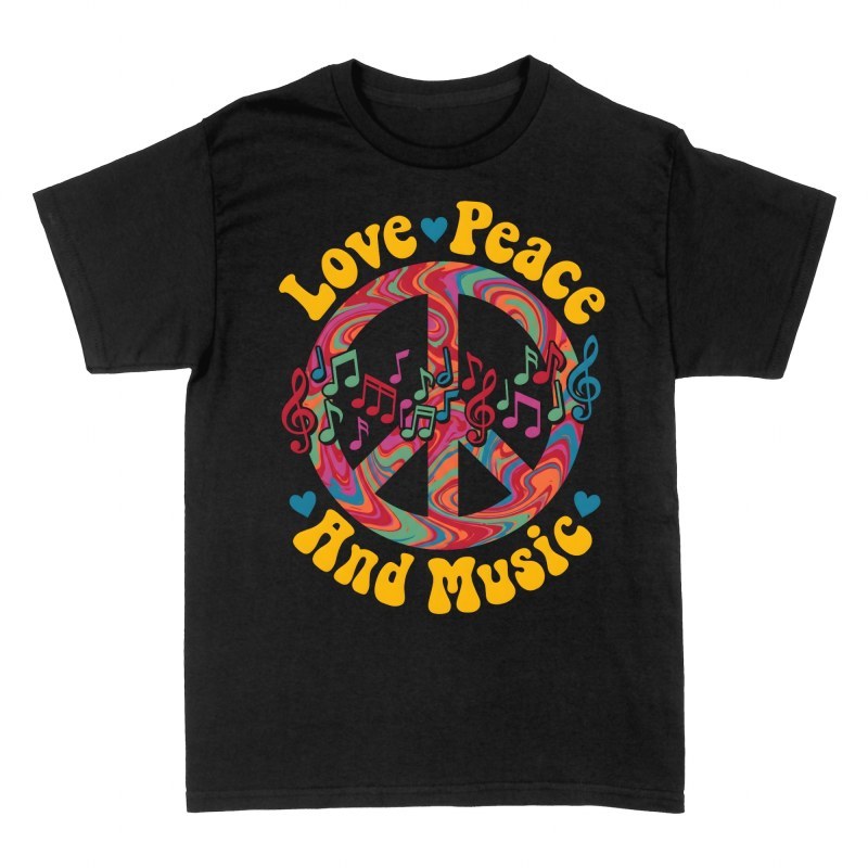 Camisetas: Paz y notas musicales psicod&eacute;licas
