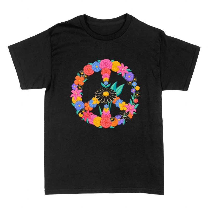 Camisetas: S&iacute;mbolo de paz con girasol y flores