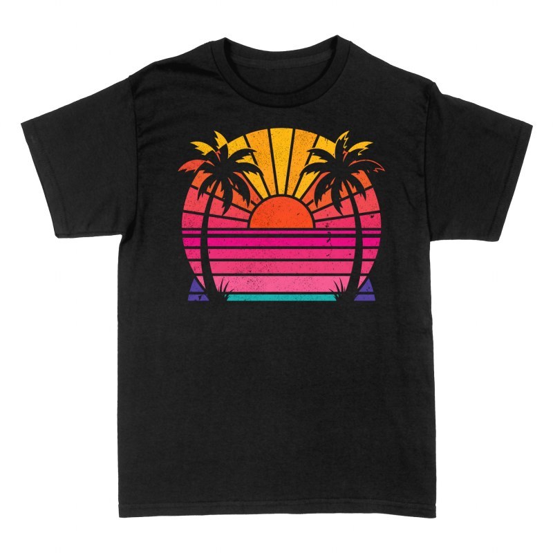Camisetas: Atardecer tropical con palmeras retro