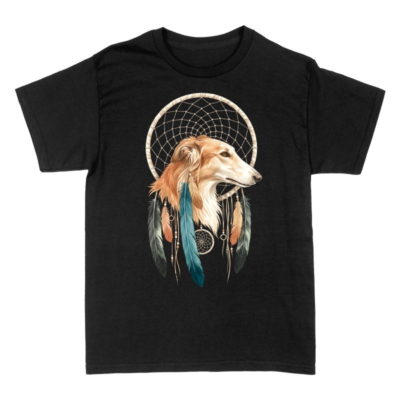 Camisetas: Borzoi con atrapasue&ntilde;os y plumas