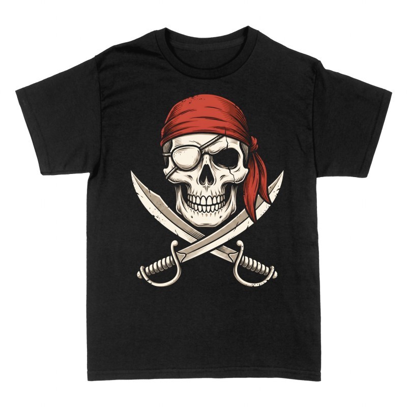 Camisetas: Calavera pirata con bandana y espadas