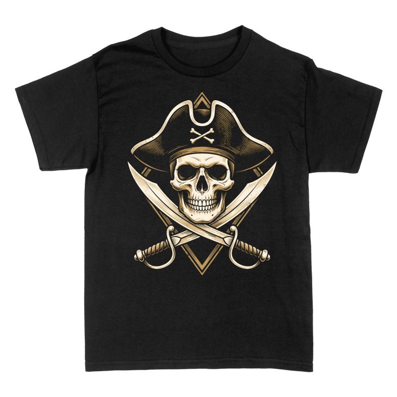 Camisetas: Calavera pirata con tricornio y sables