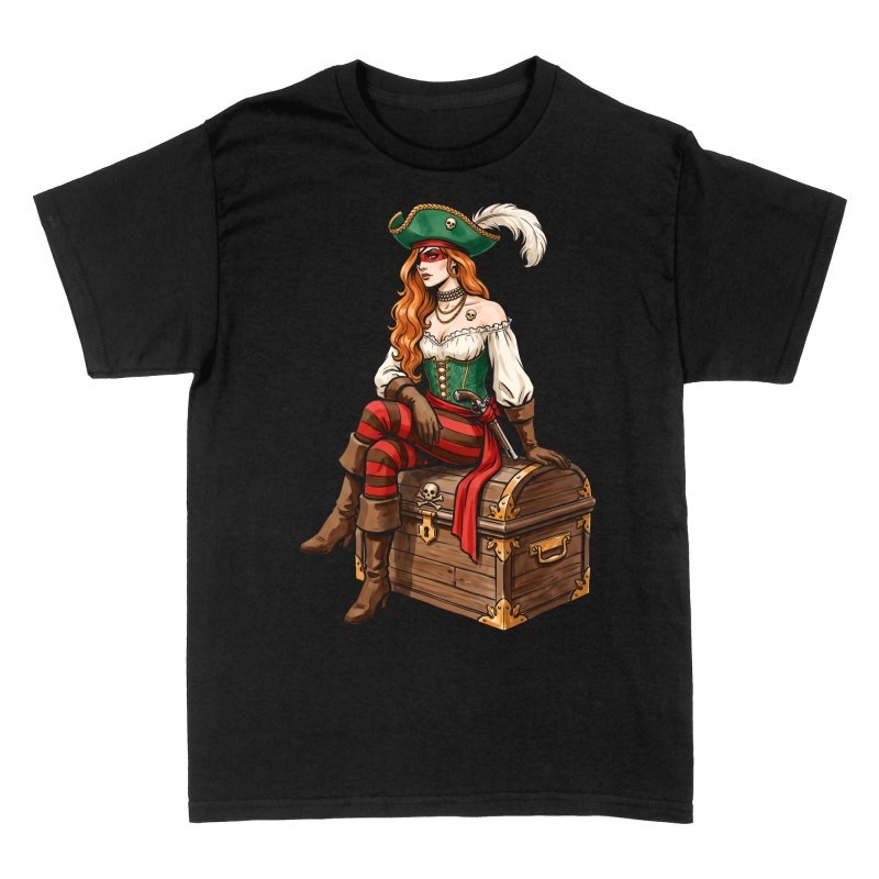 Camisetas: Mujer pirata en ba&uacute;l del tesoro