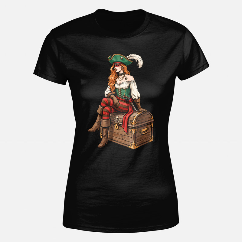 Camisetas: Mujer pirata en ba&uacute;l del tesoro