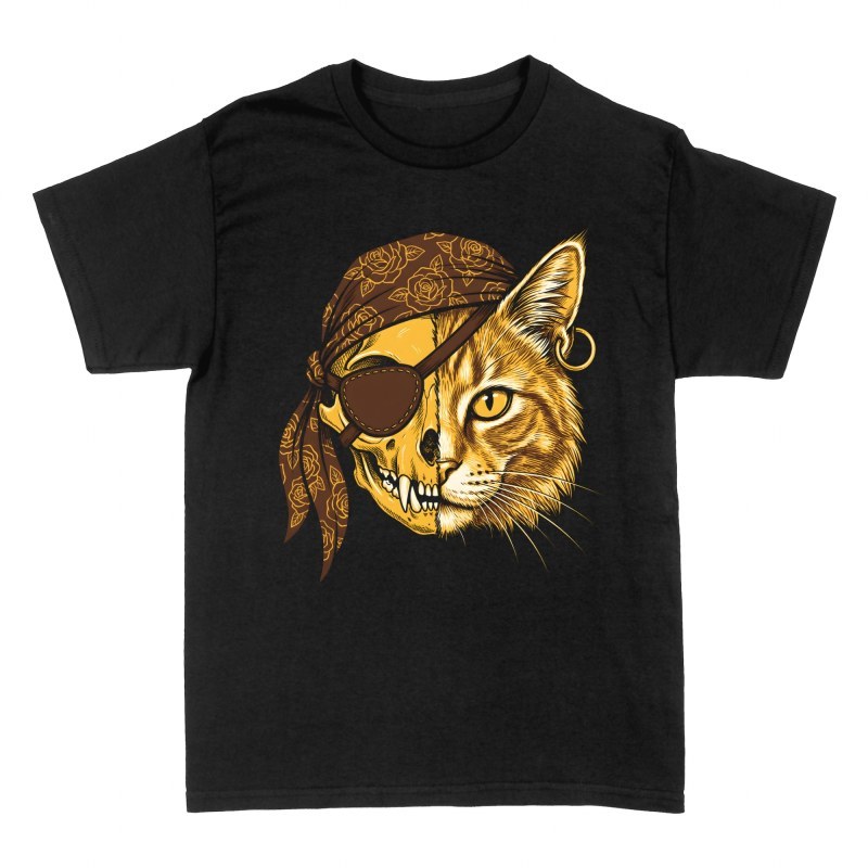 Camisetas: Gato pirata mitad calavera