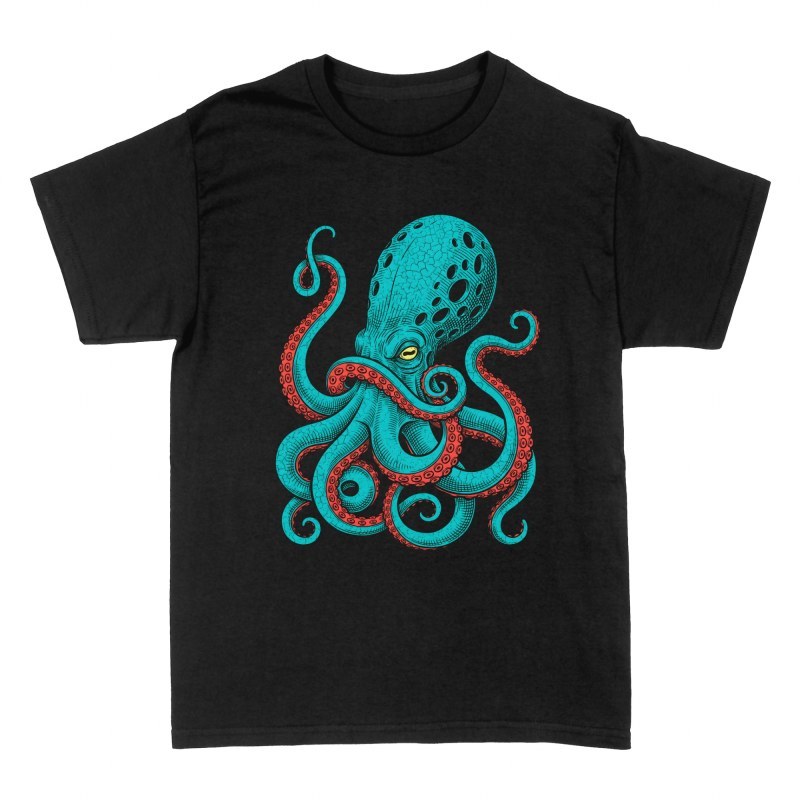 Camisetas: Pulpo kraken turquesa estilo grabado