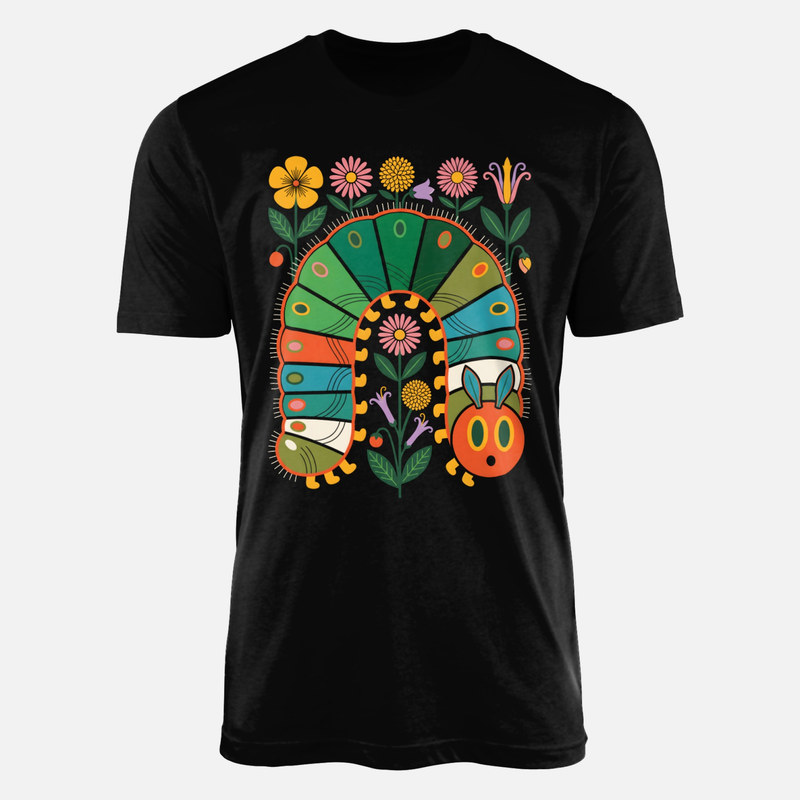 Camisetas: Oruga multicolor entre flores