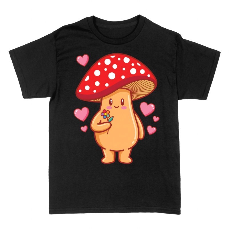 Camisetas: Hongo kawaii con flor y corazones