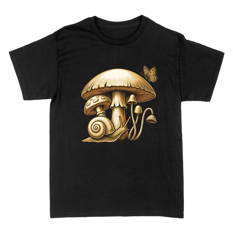 Camisetas: Hongos silvestres con caracol y mariposa