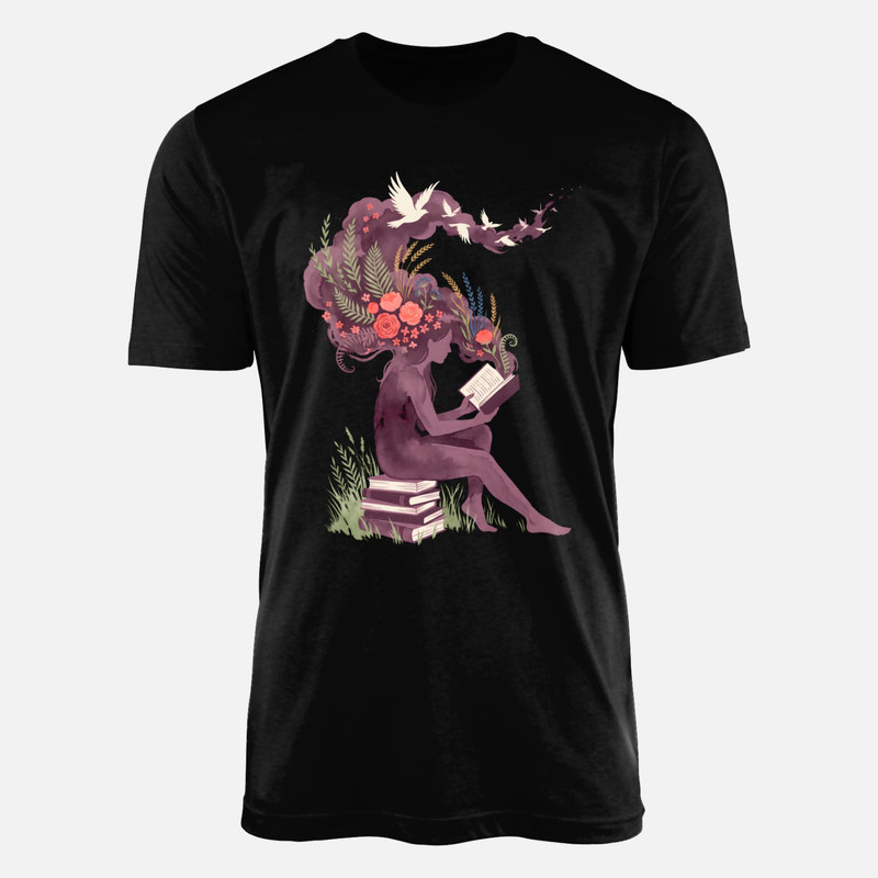 Camisetas: Mujer leyendo con flores y p&aacute;jaros