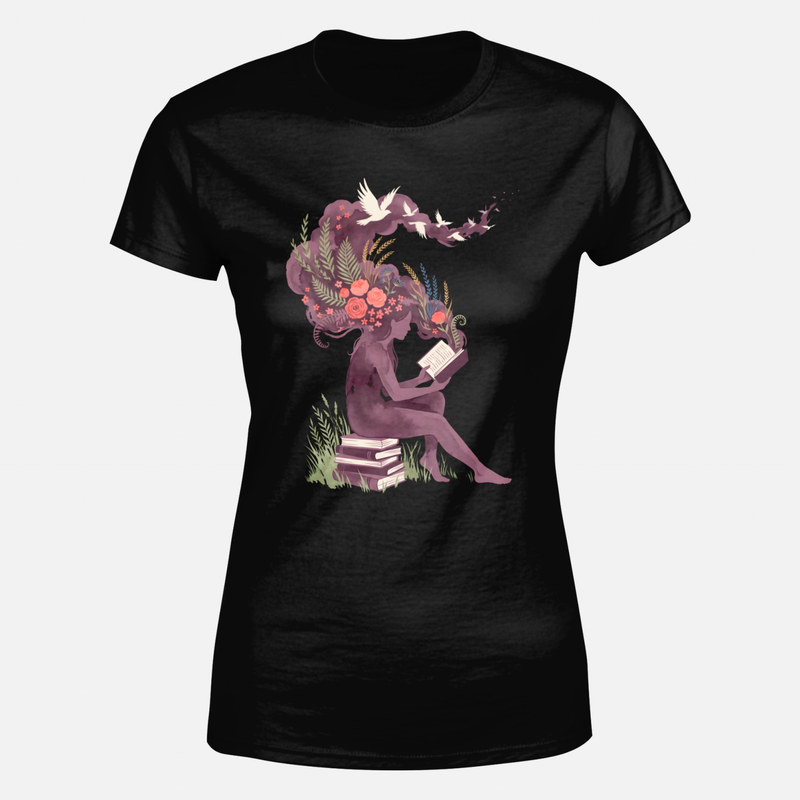 Camisetas: Mujer leyendo con flores y p&aacute;jaros