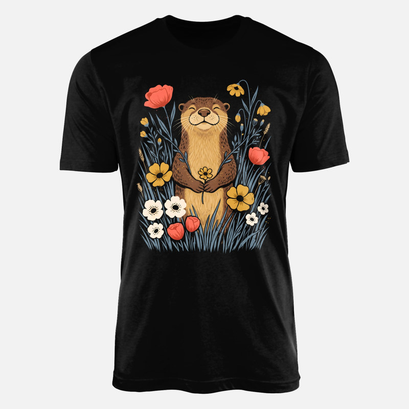 Camisetas: Nutria feliz con flor en prado