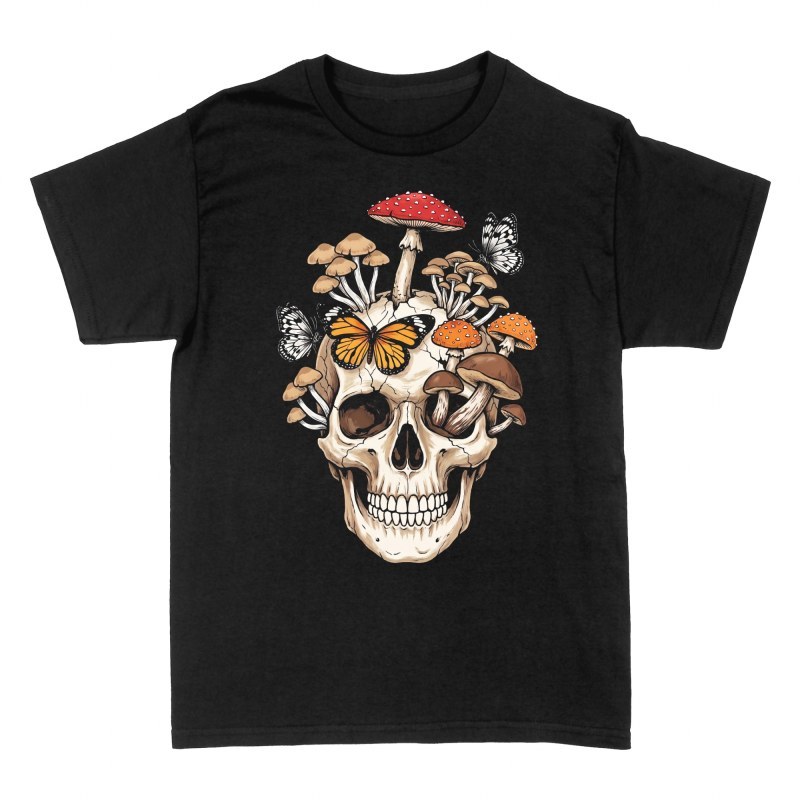 Camisetas: Calavera con hongos y mariposas