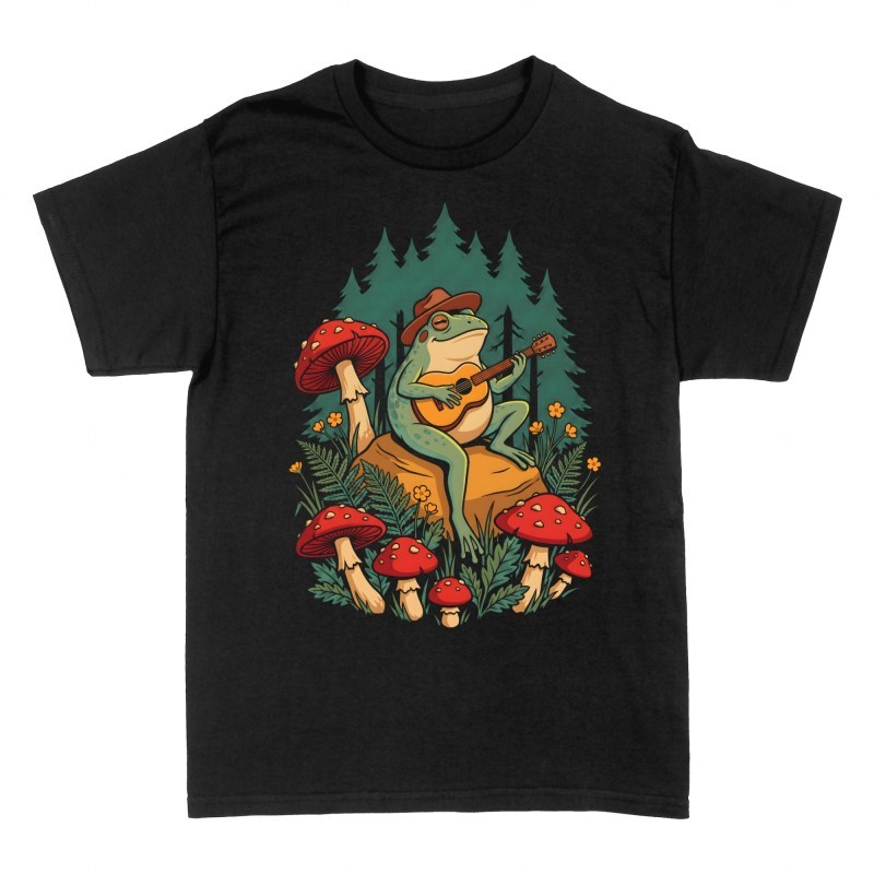 Camisetas: Rana con guitarra y setas en el bosque