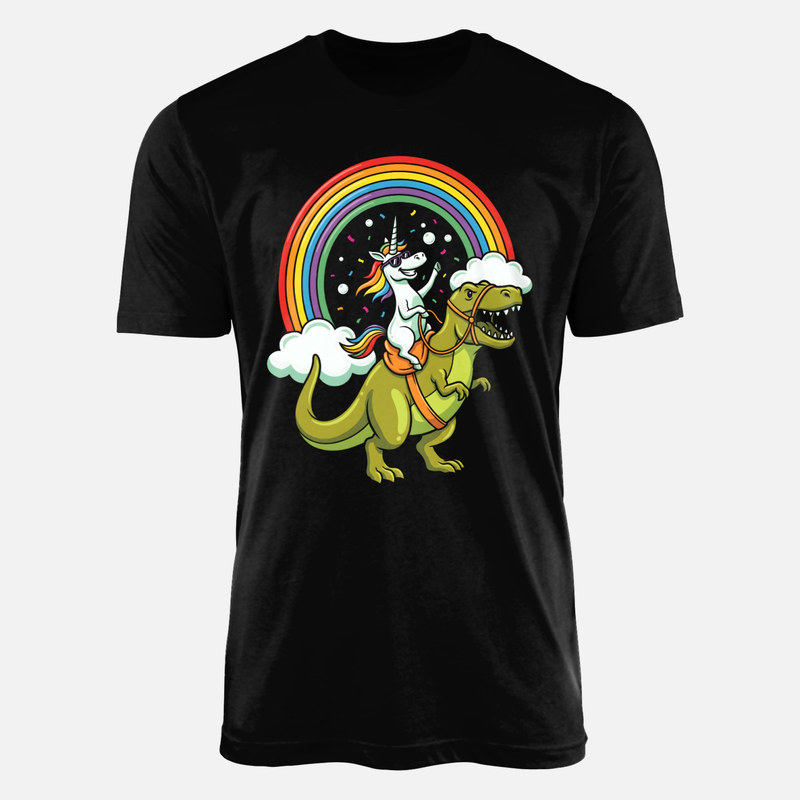 Camisetas: Unicornio montando dinosaurio con arco&iacute;ris