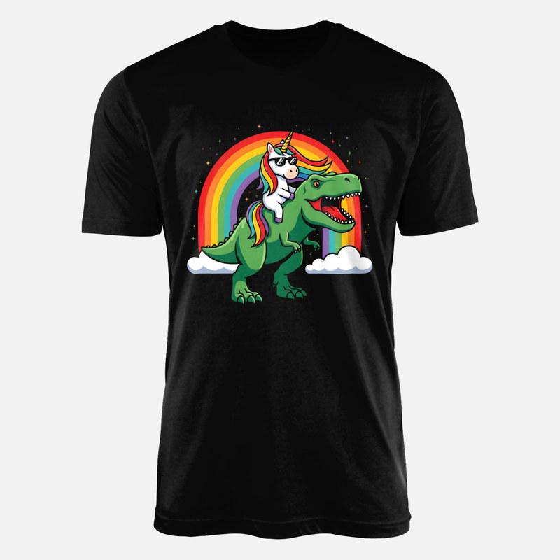 Camisetas: Unicornio montando dinosaurio y arco&iacute;ris