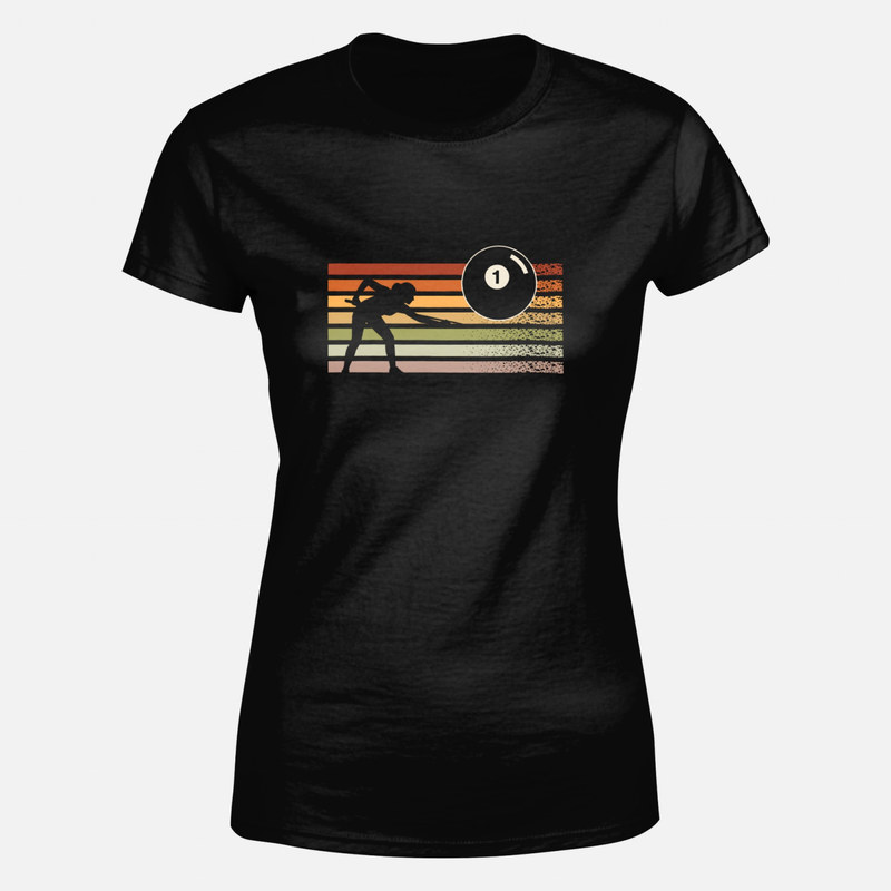 Camisetas: Mujer jugando al billar atardecer retro