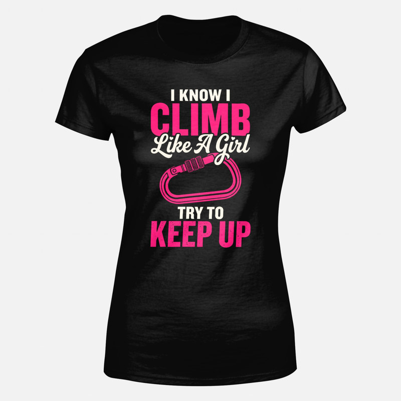 Camisetas: Escalo como una chica con mosquet&oacute;n rosa
