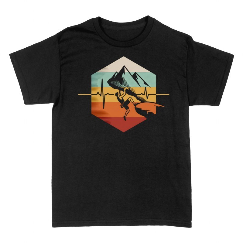 Camisetas: Escalada con latido y atardecer retro