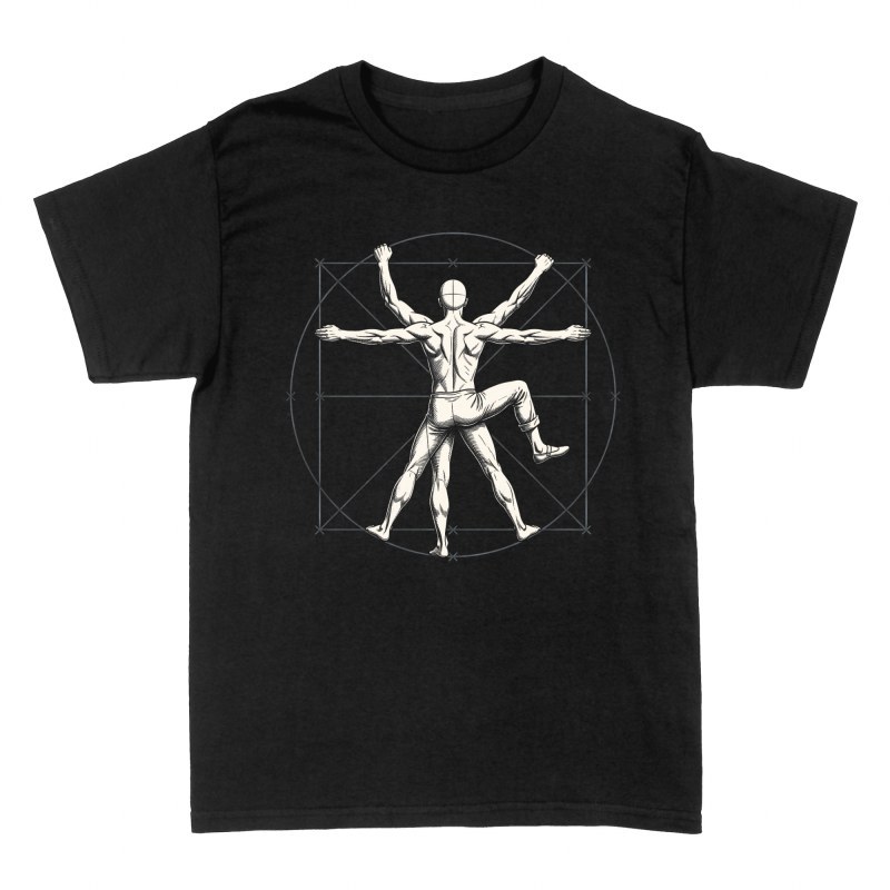 Camisetas: Hombre de Vitruvio Poni&eacute;ndose Pantalones