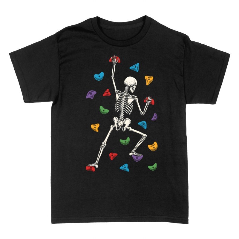 Camisetas: Esqueleto escalando en roc&oacute;dromo