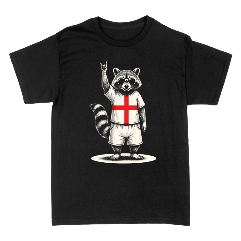 Camisetas: Mapache rockero con bandera de Inglaterra