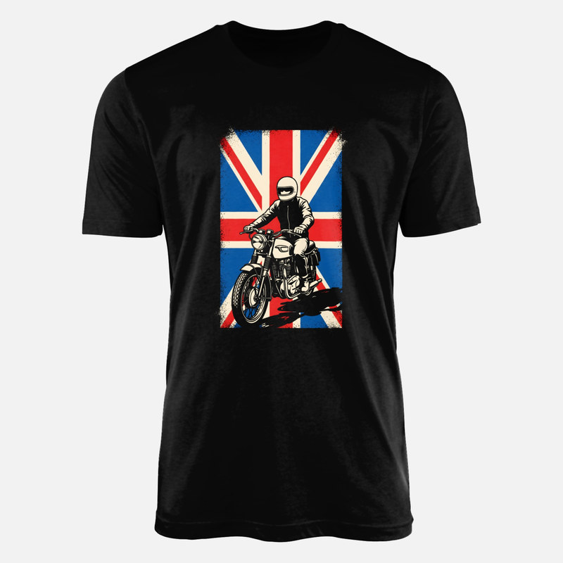 Camisetas: Motociclista cl&aacute;sico con bandera brit&aacute;nica