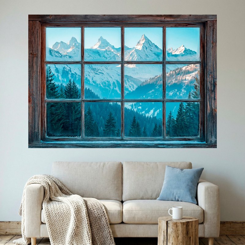 Vinilos Decorativos: Ventana de Madera Montañas Nevadas