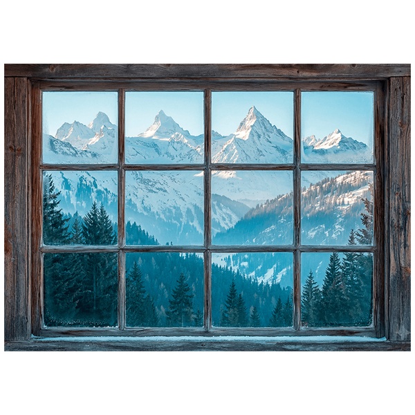 Vinilos Decorativos: Ventana de Madera Montañas Nevadas