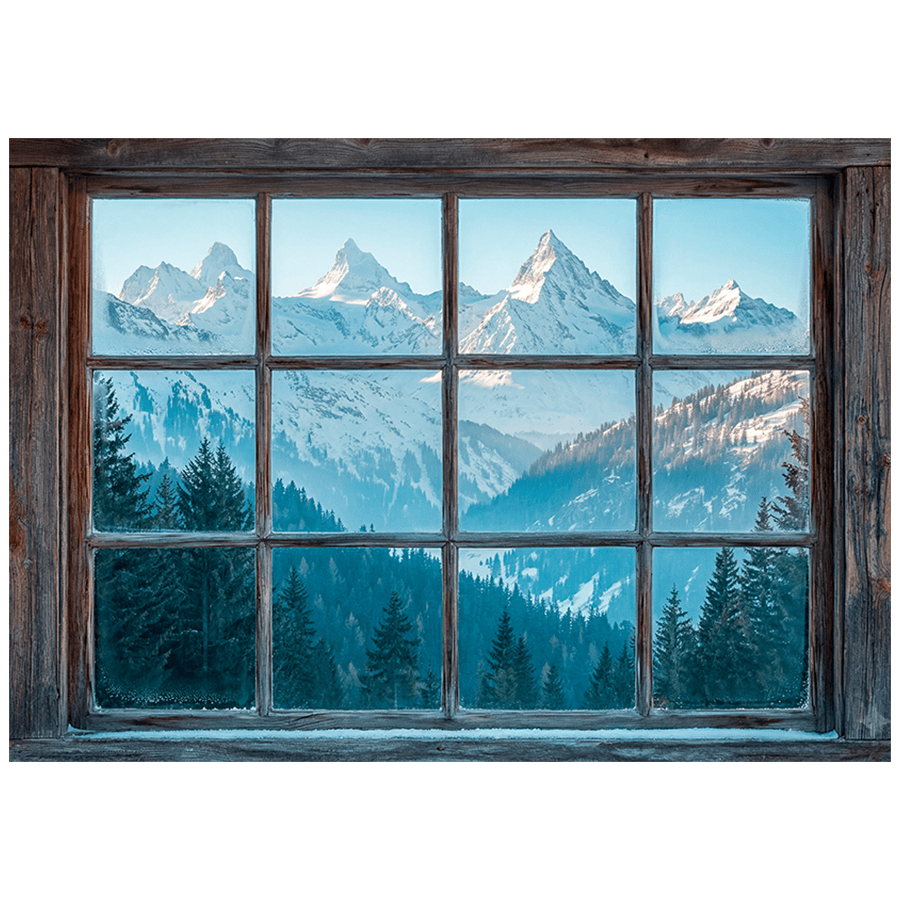 Vinilos Decorativos: Ventana de Madera Montañas Nevadas