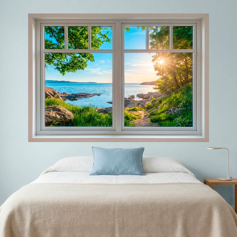 Vinilos Decorativos: Ventana Vista al Mar y Puesta de Sol