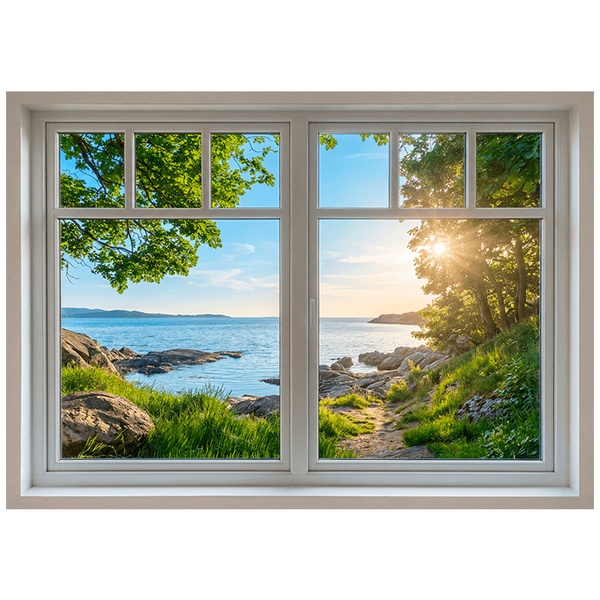 Vinilos Decorativos: Ventana Vista al Mar y Puesta de Sol