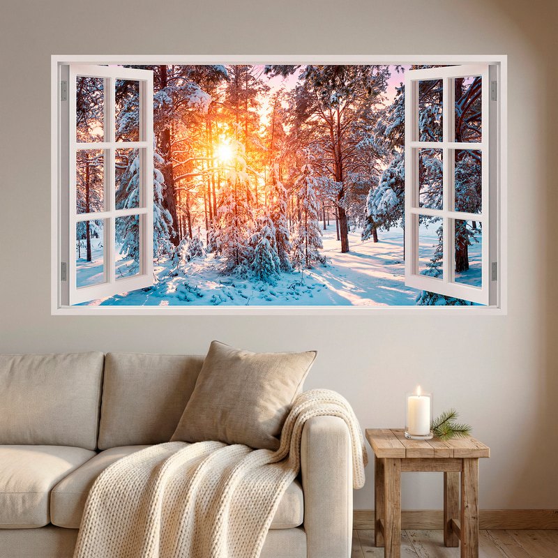 Vinilos Decorativos: Ventana Bosque Nevado al Atardecer