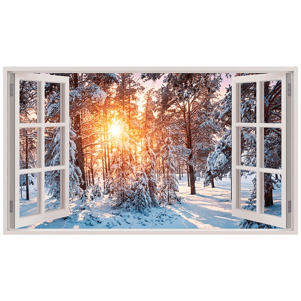 Vinilos Decorativos: Ventana Bosque Nevado al Atardecer