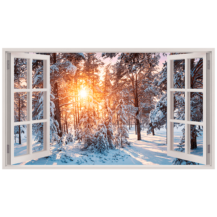 Vinilos Decorativos: Ventana Bosque Nevado al Atardecer