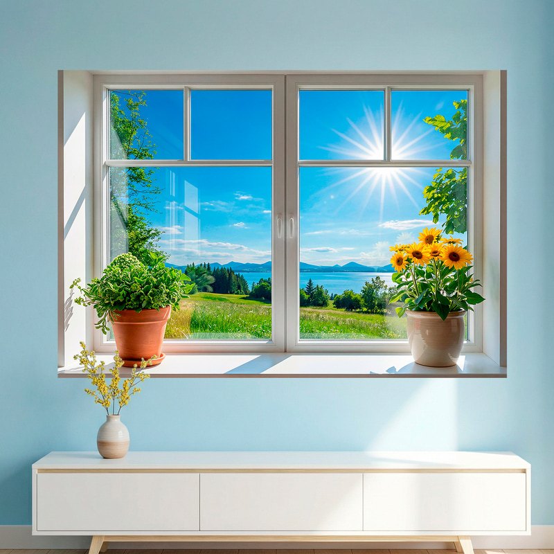 Vinilos Decorativos: Ventana Vista al Lago en Día Soleado