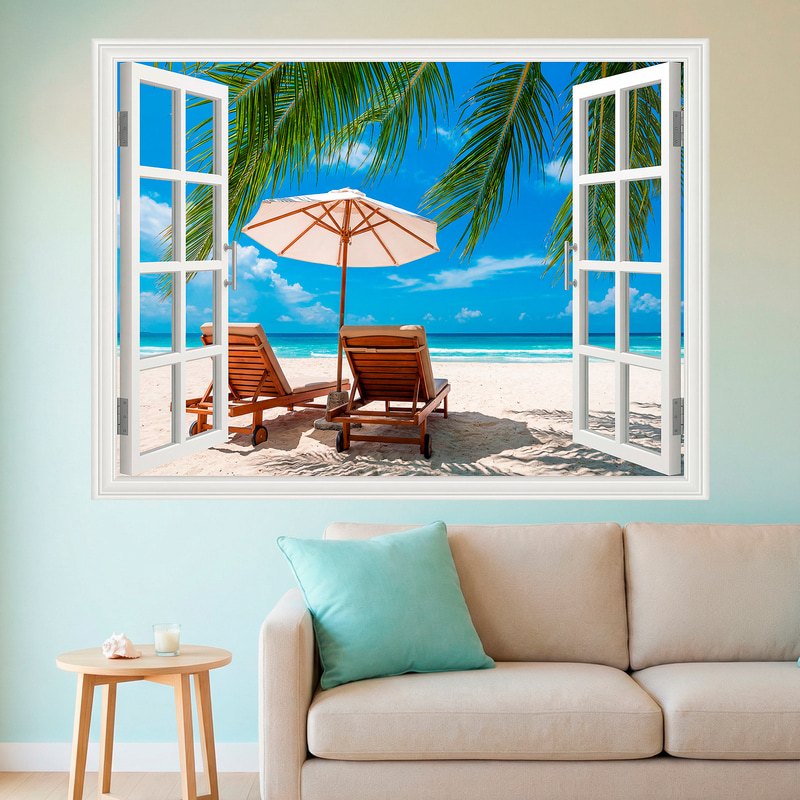 Vinilos Decorativos: Ventana Playa Tropical con Tumbona